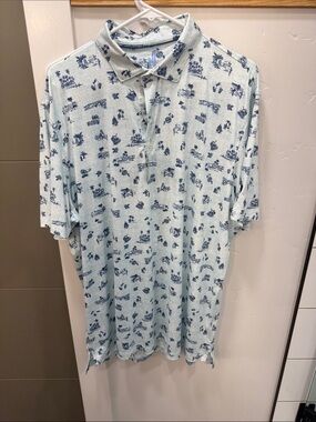 johnnie-O Light Blue Polo with Navy Tropical Print